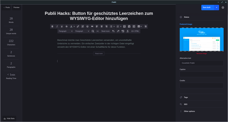WYSIWYG-Editor vonPublii ohne Geschütztes Leerzeichen