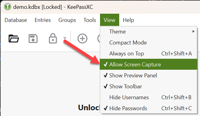KeepassXC 2.7.5 erlaubt Screenshots